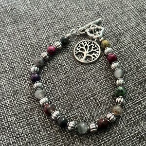 Glass multicolored beaded ornate floral heart tree silver tone toggled bracelet